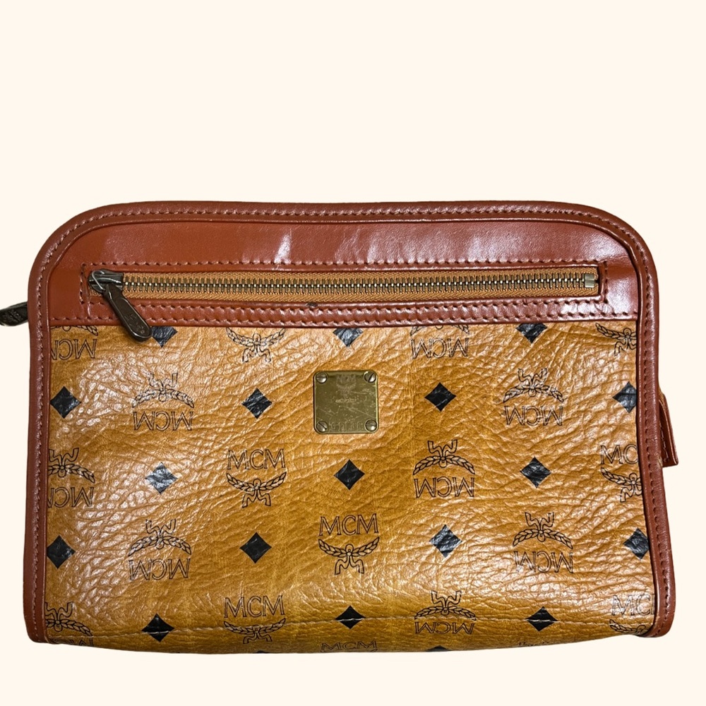 MCM Brown Toiletry Bag with Logo Pattern, top zip closure, *see notes below